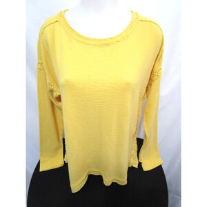 Caslon Soft Yellow Distressed Lace Crochet Accent LS Knit Top Women Sz M